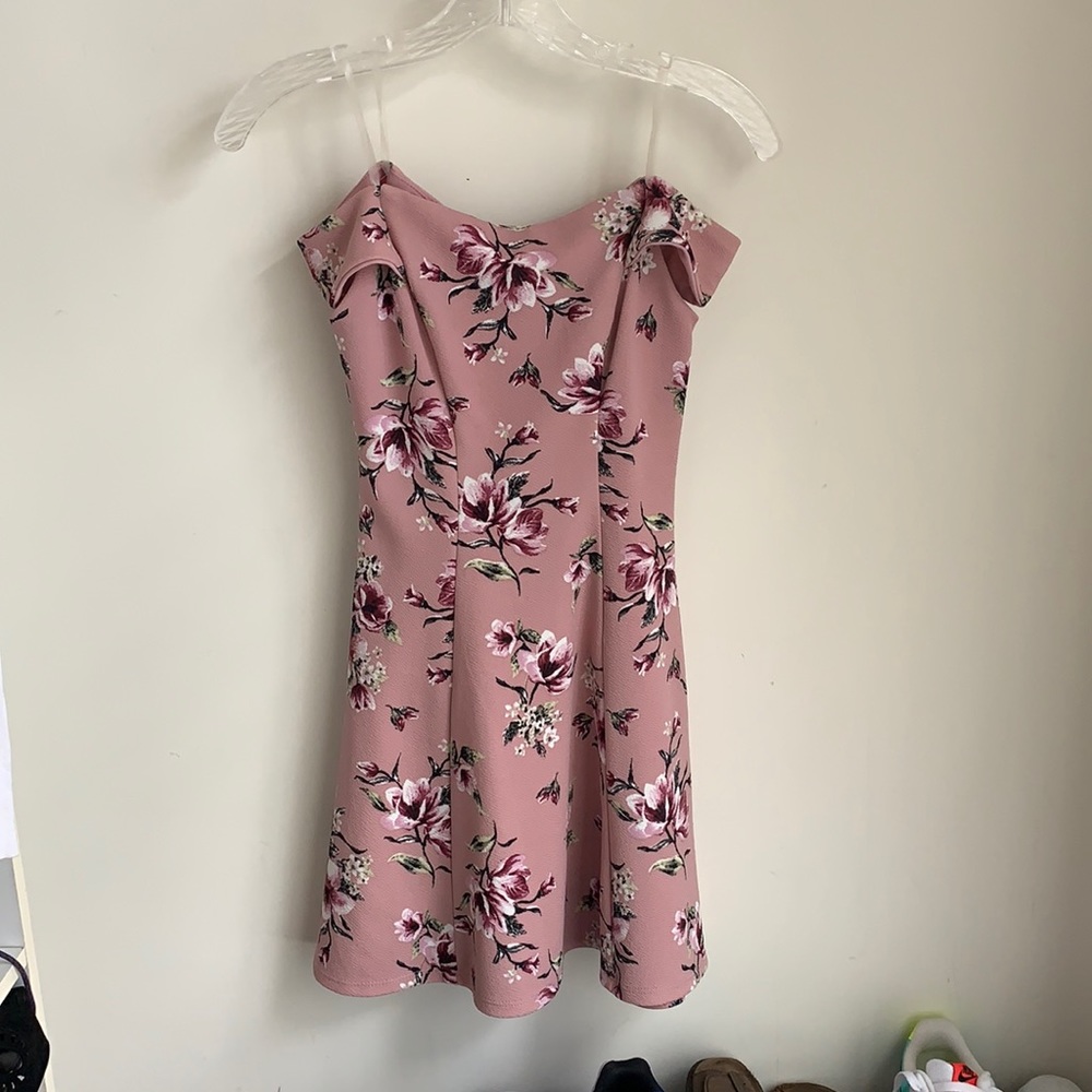 Pink floral off the shoulder prom dress